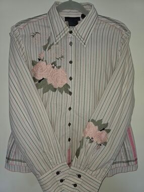 Kapalua Embroidered Pink Rose Stripe Button-Up Shirt Size 10